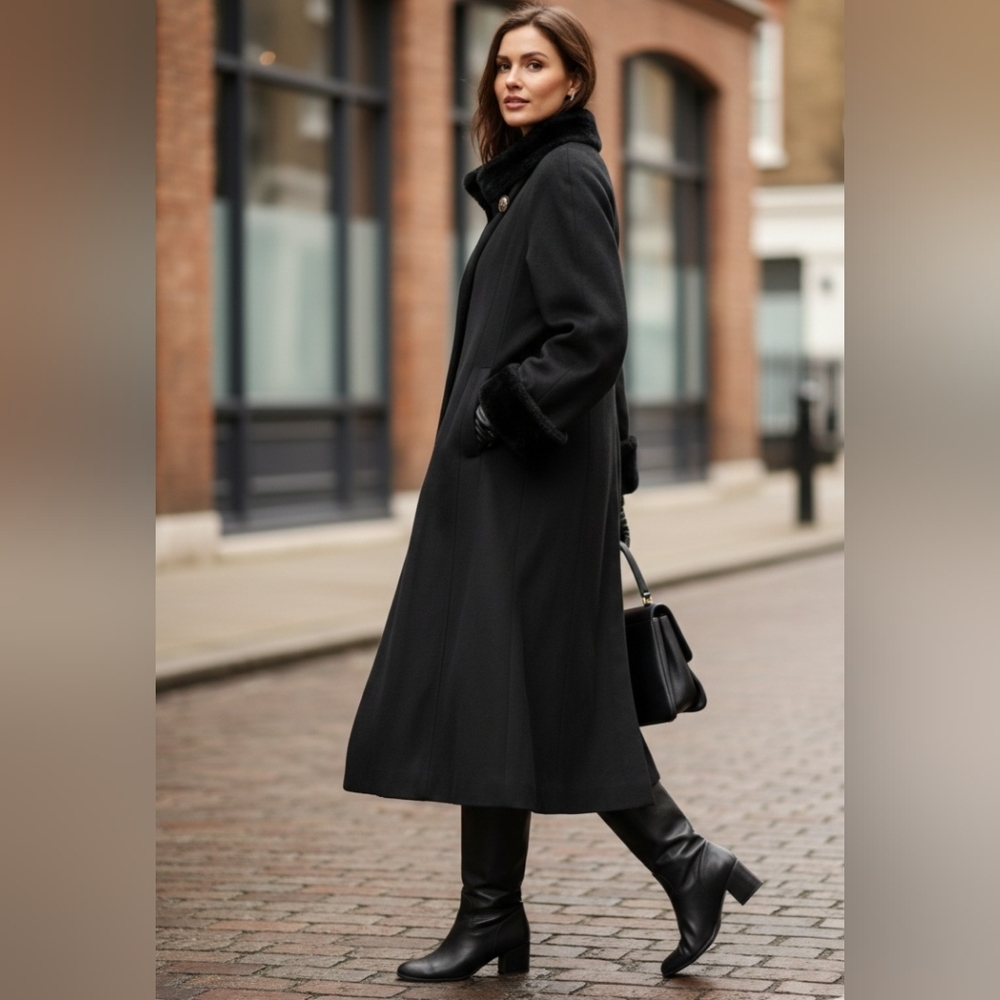 Vintage Donny Brook Black Wool Blend Women's Coat w/ Faux Fur Trim 14P